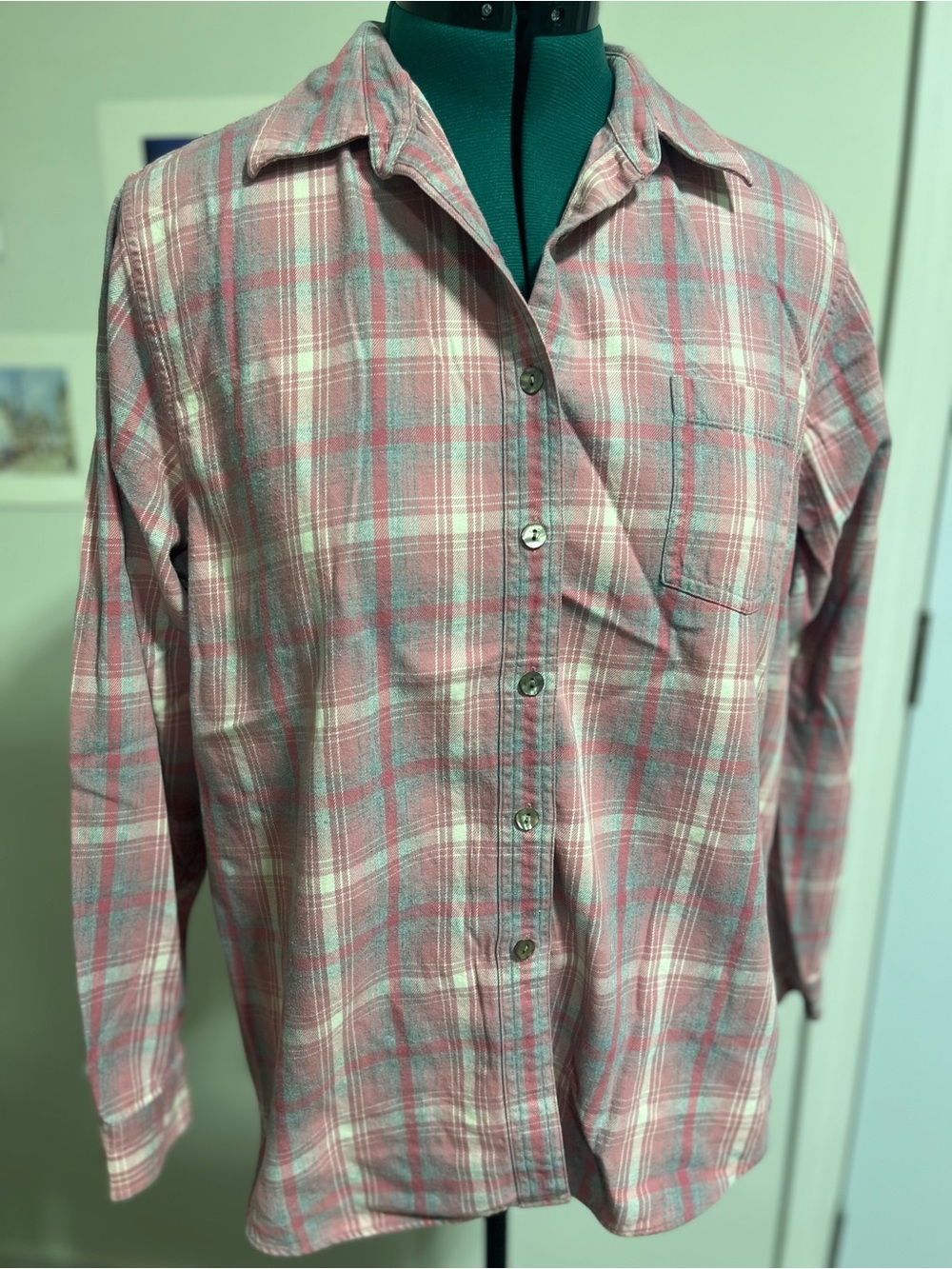 L.L.Bean Pink and Teal Plaid Women's Button-Up Shirt